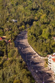 Top view of winding highway going through the forest at sunset