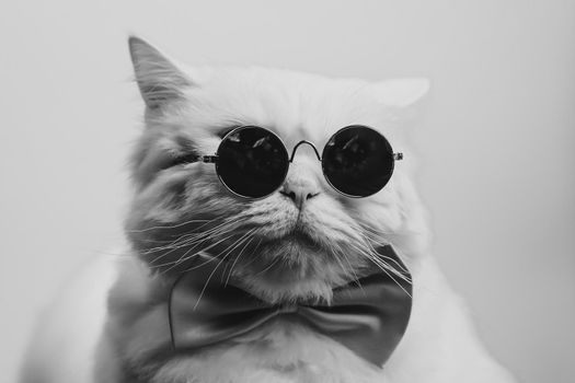 Black and white portrait of furry cat in fashion sunglasses. Luxurious domestic isolated kitty in glasses poses like model. High quality