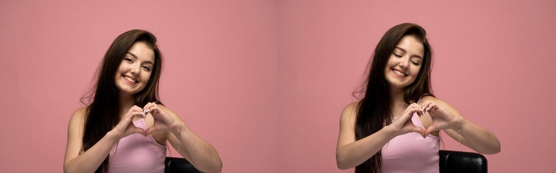 Set of two portraits of a smiling young brunette woman showing heart gesture with two hands and looking at camera isolated over pink background