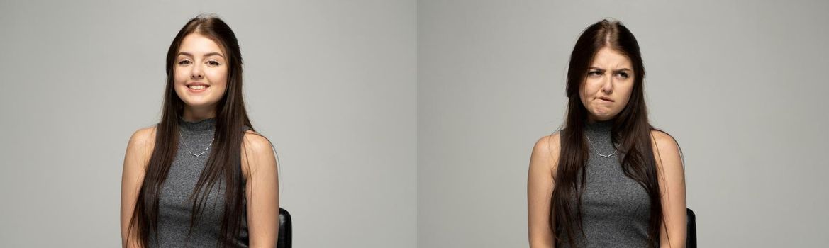 Set of two young woman's portraits with different emotions, angry, sad, happy. Beautiful brunette in a dark t-shirt on a grey background. Collage