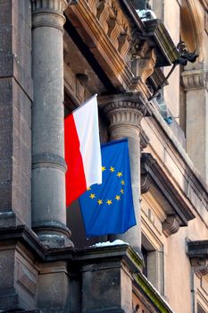 Flag of Poland and the European Union on an administrative building