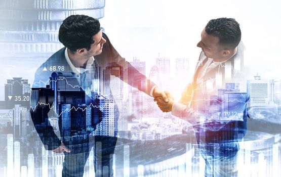 Business handshake on finance prosperity and money technology asset background . Economy and financial growth by investment in valuable stock market to gain wealth profit form currency trading