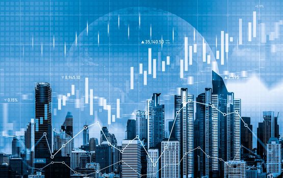 Stock market business concept. Financial graphs and digital indicators with modernistic urban area and skyscrapers as background. Double Exposure.