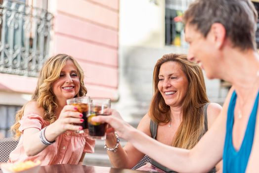Middle aged adult women in a cafe toasting with drinks. Beautiful mature women having a good time together.