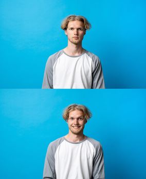 Collage with two different emotions of young man in yellow t-shirt on white background. Happy and sad