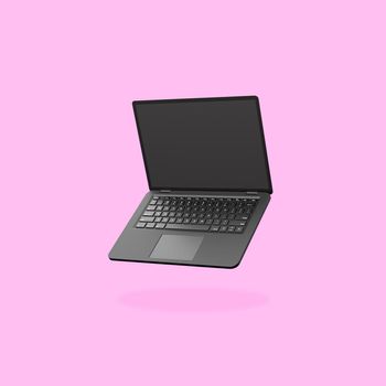 Black Laptop Computer with Blank Screen Isolated on Flat Pink Background with Shadow 3D Illustration