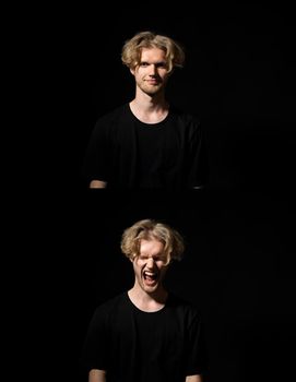 Set of two photo of handsome man in black t-shirt with different emotions and gestures isolated over black background. Sad, happy and angry