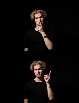 Set of two portraits of attractive cheerful man, student, thinking about problem solution and find a solution, a good idea, over black background