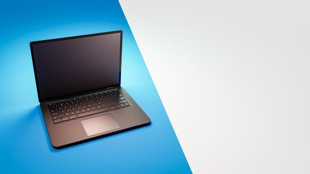 Black Laptop Computer with Blank Screen on Two Colors Duotone Blue and Gray Background with Copy Space 3D Render Illustration