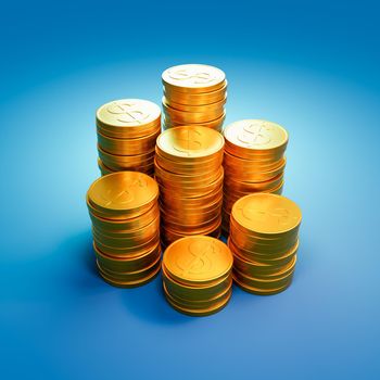 Heaps of Golden Dollar Coins on Blue Background 3D Render Illustration