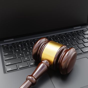 Judge's Gavel on Laptop Computer Closeup with Copy Space 3D Render Illustration, Digital Rights Concept