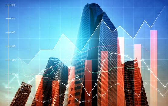 Financial graphs and digital indicators overlap with modernistic urban area, skyscrabber for stock market business concept. Double exposure.