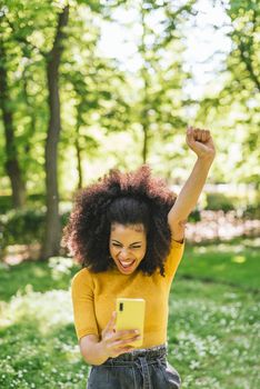 Pretty afro woman chatting on her mobile, celebrating good news with her fist raised. In a park. Selective focus.