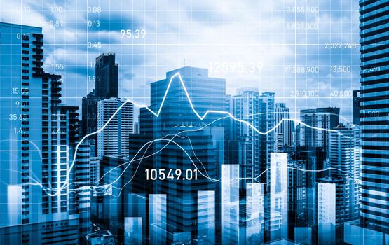 Financial graphs and digital indicators overlap with modernistic urban area, skyscrabber for stock market business concept. Double exposure.