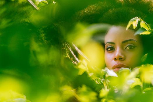 Nice portrait of beautiful afro woman through the leaves. SELECTIVE FOCUS.