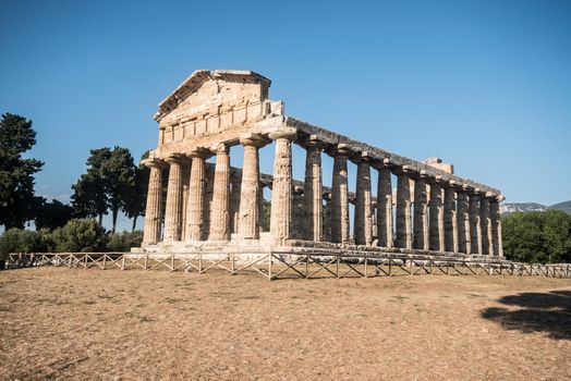 View of the Temple of Hera I at the Greco-Roman archaeological site of Paestum, Italy.