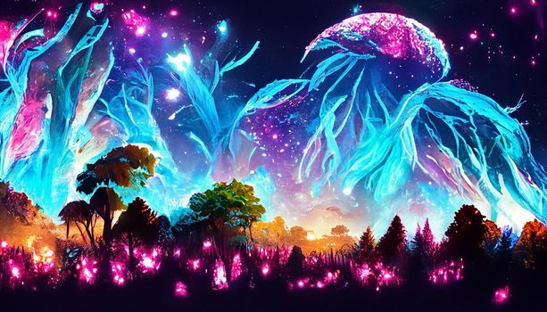 3D render colorful bioluminescent plants in a fantasy forest crystal path. Epic landscape background. HD Wallpaper
