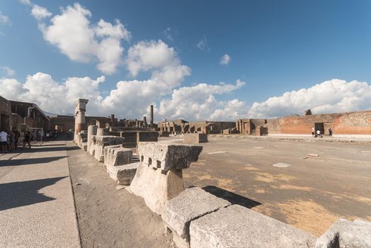 View of the forum of the Roman archaeological site of Pompeii, in Italy.
