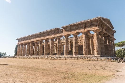 View of the Temple of Hera II at the Greco-Roman archaeological site of Paestum, Italy.