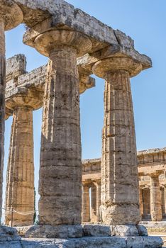 View of the Temple of Hera I at the Greco-Roman archaeological site of Paestum, Italy.