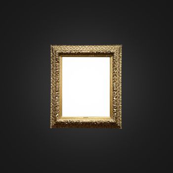 Antique art fair gallery frame on royal black wall at auction house or museum exhibition, blank template with empty white copyspace for mockup design, artwork concept