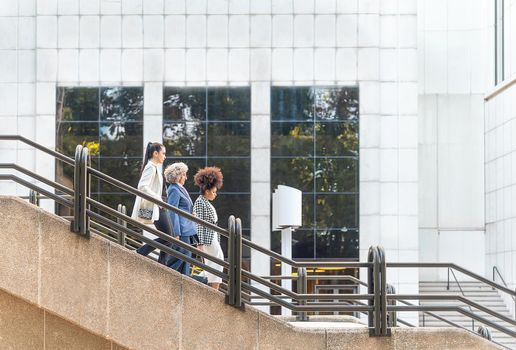 Side view of three women descending a staircase. Trees reflected in the windows