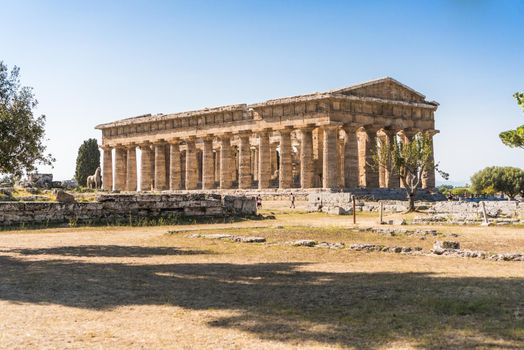 View of the Temple of Hera II at the Greco-Roman archaeological site of Paestum, Italy.