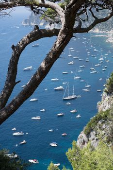 View from the top of many small boats in the sea, on a beautiful sunny summer day. Capri island.