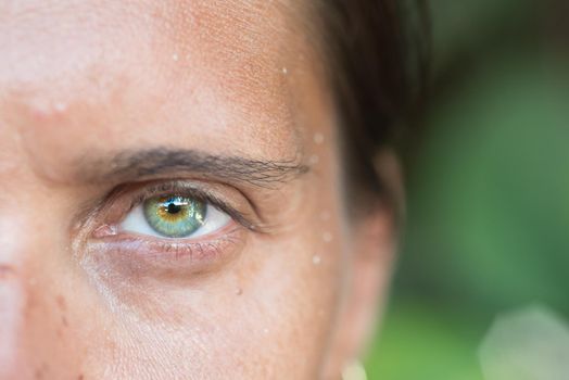 Close-up of woman with beautiful green eyes, half face frame, staring at camera with green vegetation background.