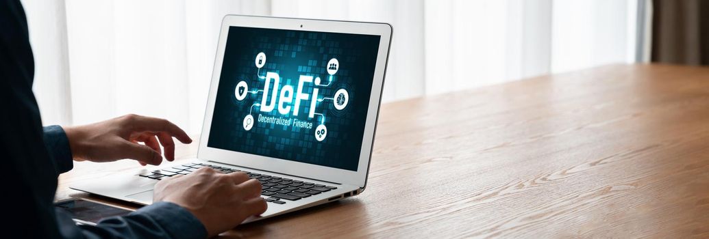 Decentralized finance or DeFi concept on modish computer screen . The defi system give new choice of investment and money saving .