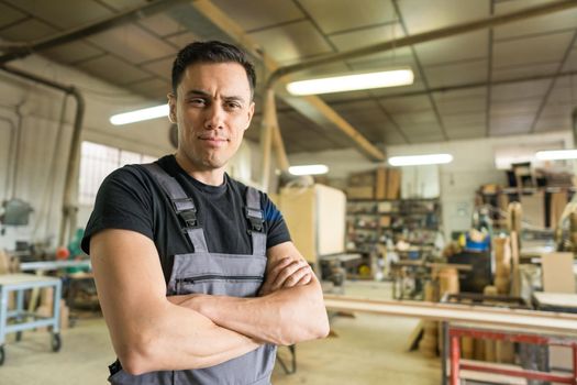 Worker standing looking at camera in a factory. Mid shot.