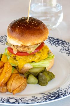 Cheeseburger with pickles and french fries on a porcelain plate