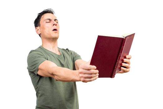 Male with farsightedness squinting and reading fiction book without glasses on white isolated background