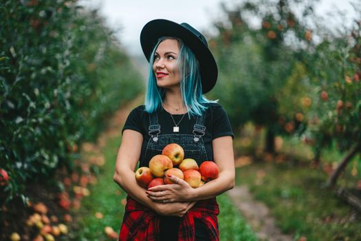 Blue haired woman picked up a lot of ripe red apple fruits from tree in green garden. Organic lifestyle, agriculture, gardener occupation. High quality FullHD footage