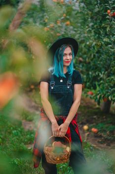 Pretty unusual woman with blue dyed hair walking alone between trees in apple garden at autumn season. Girl goes ahead away from camera. Organic, nature concept. High quality FullHD footage