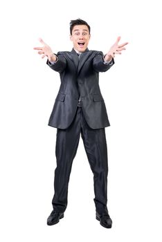 Full body of cheerful male in suit outstretching arms and looking at camera while celebrating achievement isolated on white background