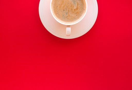 Breakfast, drinks and modern lifestyle concept - Hot aromatic coffee on red background, flatlay