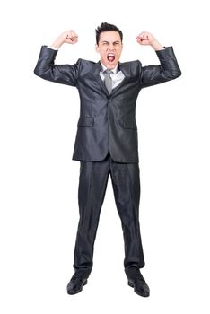 Full length of crazy comic male entrepreneur in classy suit yelling and showing muscles while looking at camera against white background