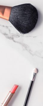 Modern feminine lifestyle, blog background and styled stock concept. Beauty and fashion inspiration - Make-up and cosmetics flatlay on marble