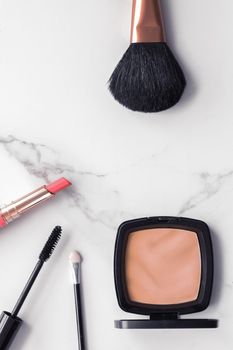 Modern feminine lifestyle, blog background and styled stock concept. Beauty and fashion inspiration - Make-up and cosmetics flatlay on marble