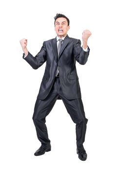 Full body of angry male entrepreneur in classy suit shouting and making face on white background