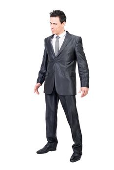 Full body of handsome male in formal outfit looking at camera with seductive face expression isolated on white background in studio