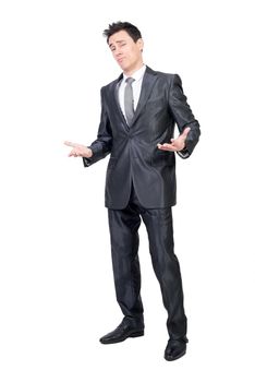 Full body of alluring man in formal suit looking at camera with palms up isolated on white background in studio