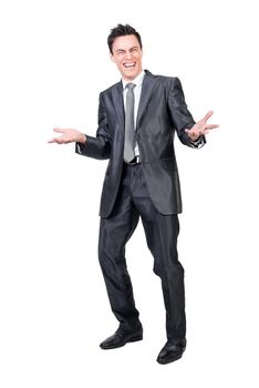 Full body of cheerful male executive worker in formal wear spreading arms and laughing joyfully in studio against white background