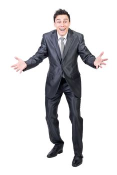 Full body of cheerful male in formal suit looking at camera with outstretched arms while celebrating victory isolated on white background