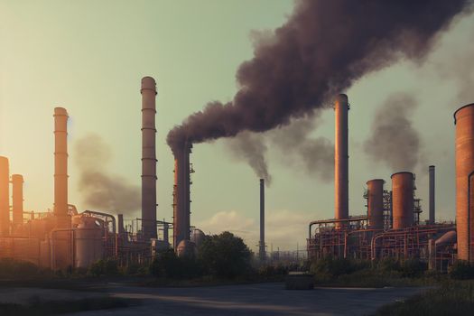 abstract industrial age factory with smoking chimneys, neural network generated art. Digitally generated image. Not based on any actual scene or pattern.