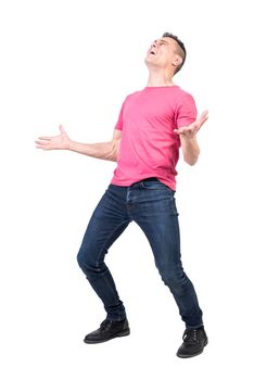 Man with pink t-shirt suffering and screaming, white background