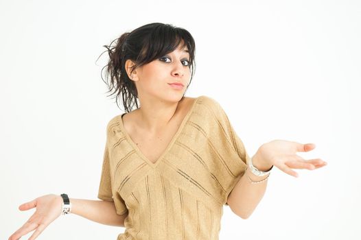 Pretty girl telling you that you have to decide, with collected hair, on white background, medium shot