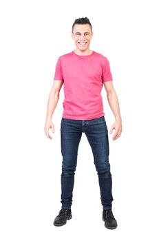 Full body of positive male model laughing happily and looking at camera against white background