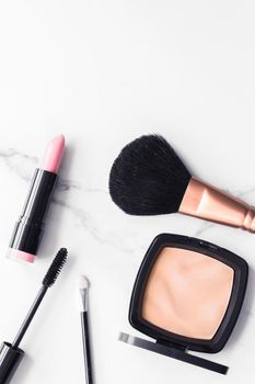 Modern feminine lifestyle, blog background and styled stock concept. Beauty and fashion inspiration - Make-up and cosmetics flatlay on marble